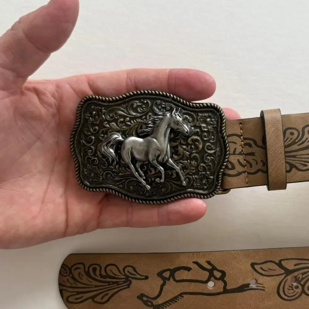 Vintage Tan Brown Western Belt – Horse Buckle, Adjustable 26–34, Unisex, New